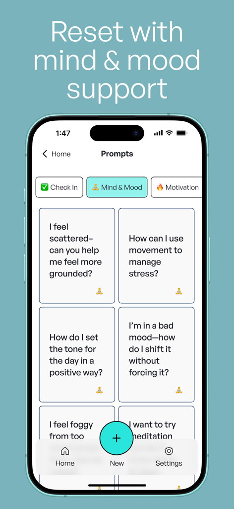 WorkoutBuddy: AI Fitness Coach - WorkoutBuddy app screen showing mind and mood support prompts