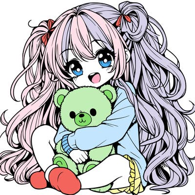 manga girl, long curly hair, happy, cuddling a teddy bear