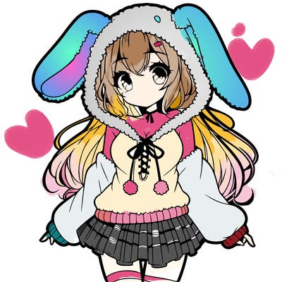 pretty anime girl wearing a fluffy hoodie with bunny ears on the hood and a skirt