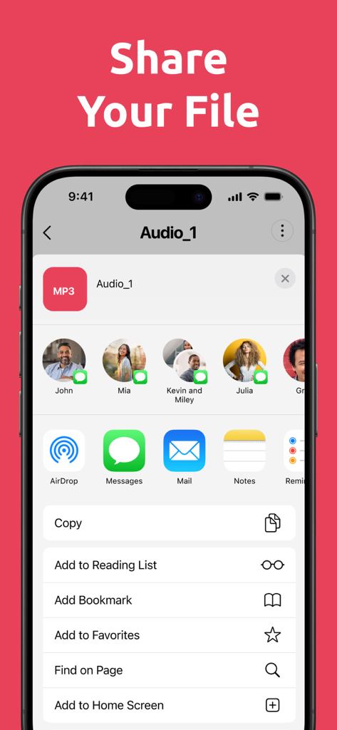 Share screen interface of the MP3 Audio Converter app showing iOS sharing options like AirDrop Messages and Mail