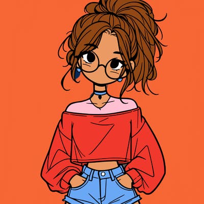 girl with a messy ponytail glasses a baggy crop top and jean shorts