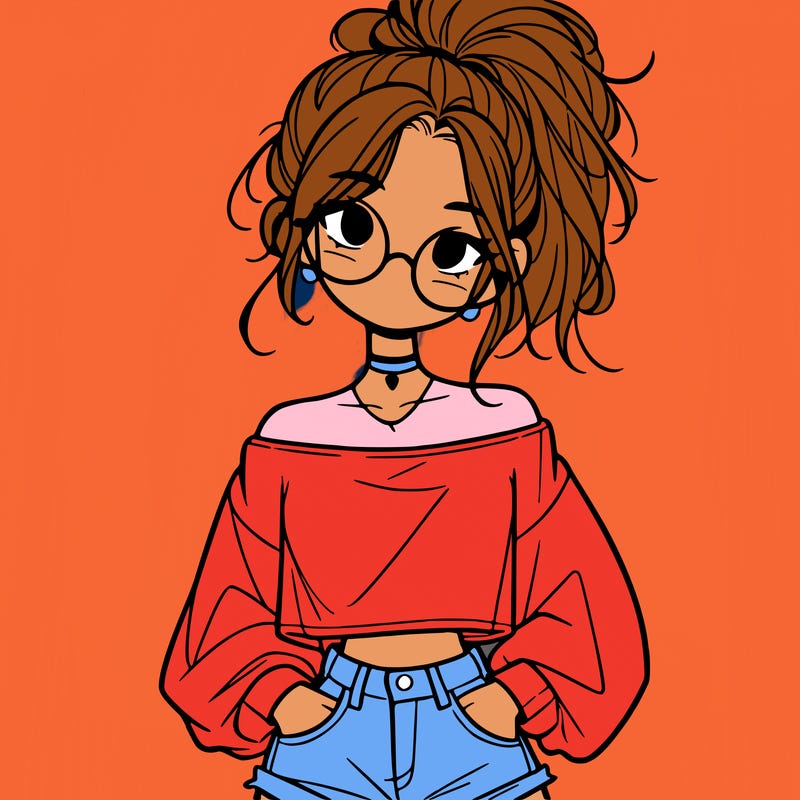 girl with a messy ponytail glasses a baggy crop top and jean shorts