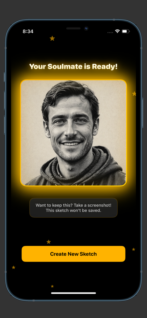 Amora: - AI generated soulmate portrait of a smiling man on the Amora app result screen