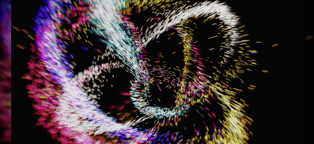 A vibrant 3D visualization of swirling neon and white particles in the Atomus app