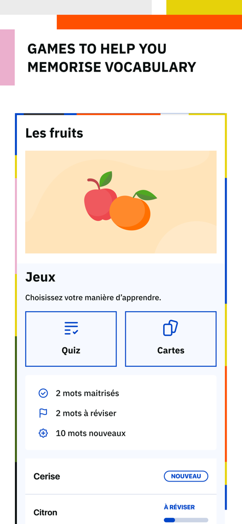 French vocabulary memorization games in the TV5MONDE EDU app.