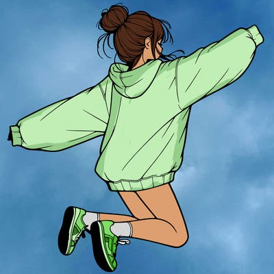 realistic girl jumping with a bun and oversized sweatshirt