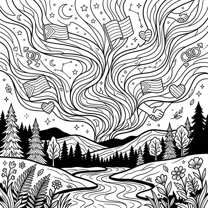 Experience the wonder of the Aurora Borealis beautifully intertwined with symbols of Pride in this unique coloring page. Celebrate love, diversity, and community as you bring vibrant colors to this magical scene.