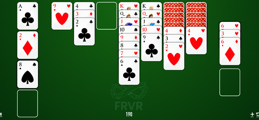 Classic Klondike Solitaire gameplay in landscape mode featuring a green background and traditional card layout