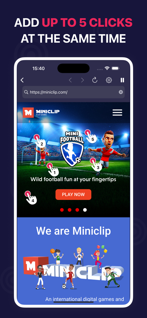 AutoClicker - Automatic Tapper - AutoClicker app interface showing five simultaneous click points on a mobile web game