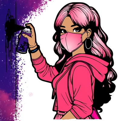 realistic girl with mask spray painting a wall