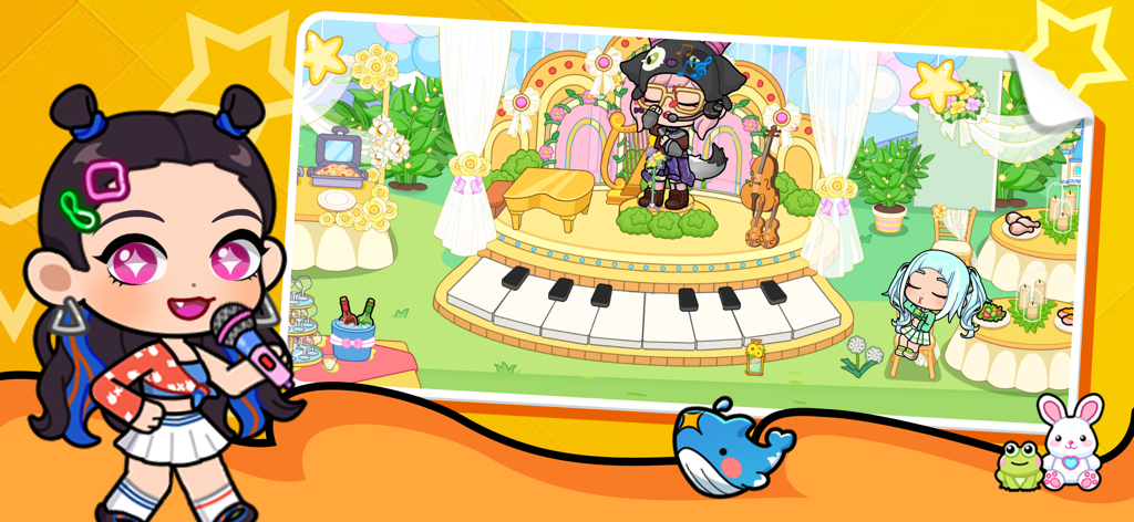 City life world：Avatar Maker - Un avatar actuando en un escenario de piano gigante durante un carnaval de fiesta musical