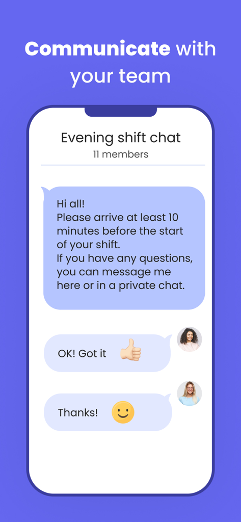 Ubeya - The Ubeya app interface showing a team group chat for an evening shift where workers communicate with each other
