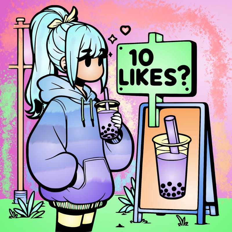 girl with oversized hoodie drinking boba and she has a high ponytail with a sign that says 10likes?
