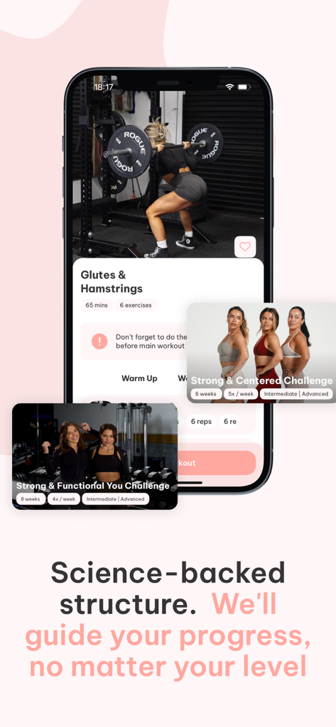 Strive by KKFIT - Strive by KKFITアプリのインターフェース、臀部とハムストリングのワークアウトプランとフィットネスチャレンジを表示
