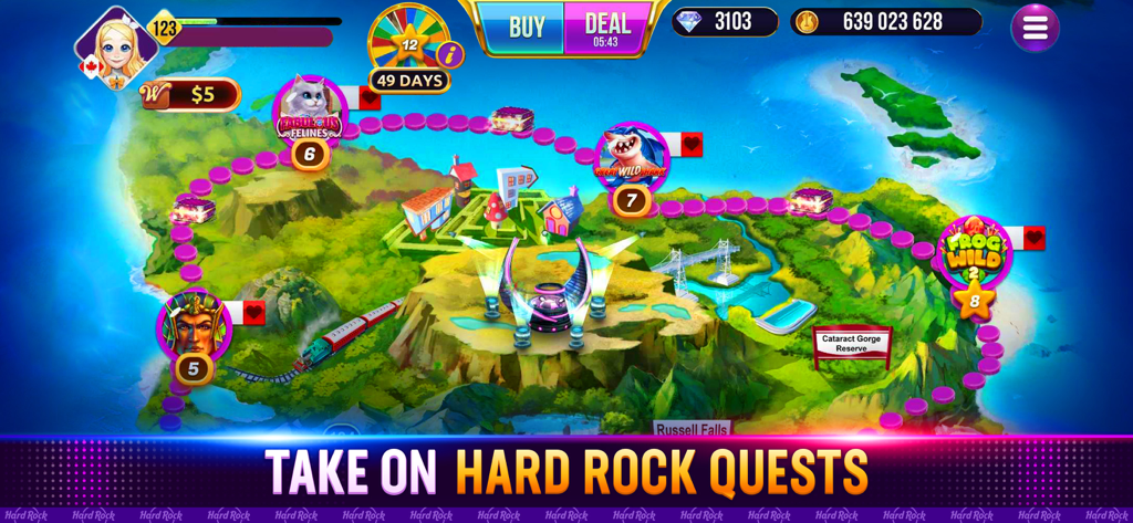 A lush island game map featuring slot machine quests in the Hard Rock Neverland Casino app.