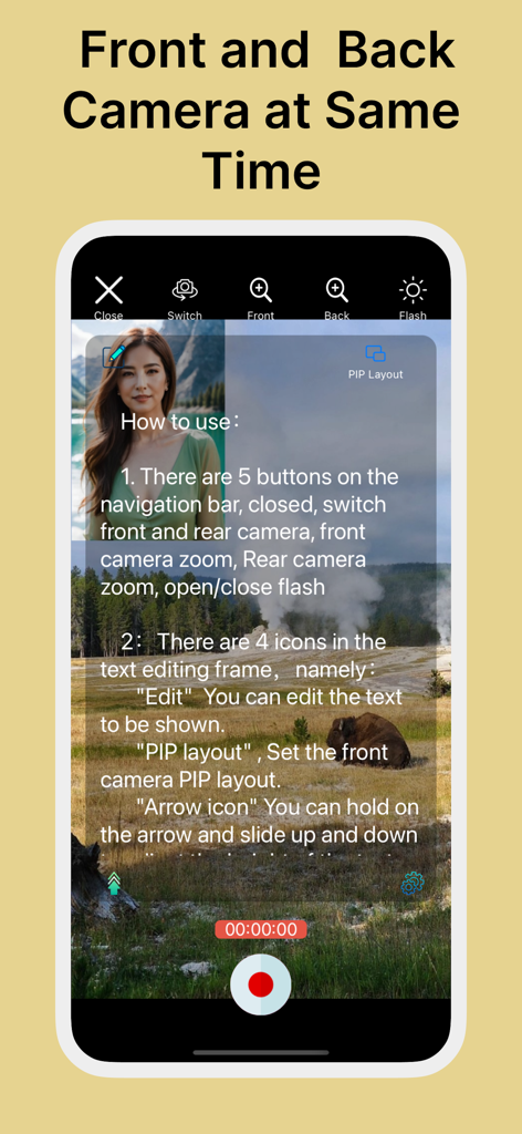 Teleprompter™ - Teleprompter app screen showing simultaneous front and back camera recording with script overlay