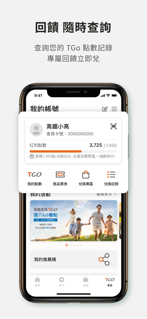 台灣高鐵 - Taiwan High Speed Rail app interface displaying the TGo rewards points dashboard and membership account information.