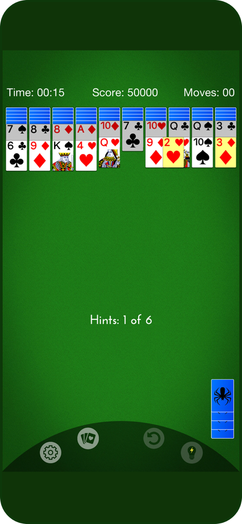 A classic spider solitaire card game being played on a mobile device with a green background and easy to read cards