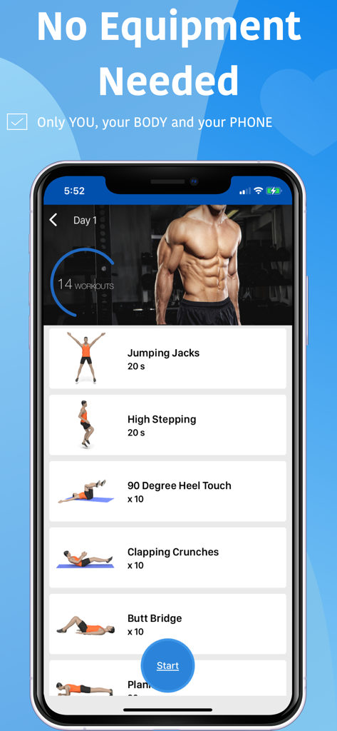 Six Pack in 30 Days app screen showing a daily exercise list including jumping jacks and core workouts with no equipment needed