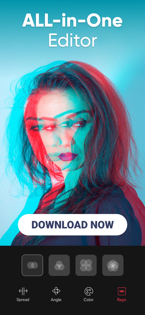 A woman portrait with a red and blue glitch effect in the Color Pop AI Photo Editor app