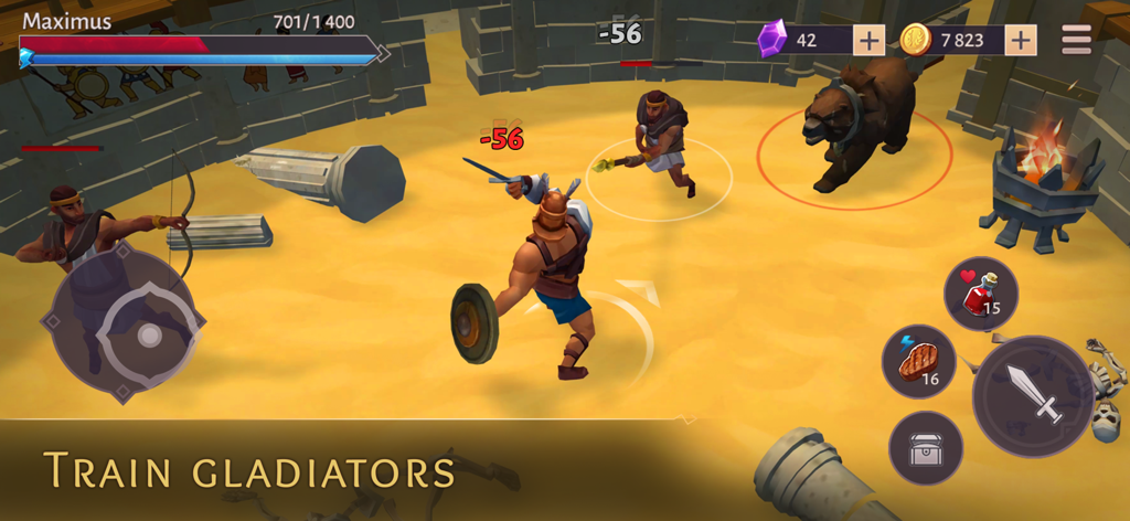 Gladiator Survival ・ Roman RPG - Combate en la arena en Gladiadores Supervivencia en Roma con un gladiador luchando contra enemigos y un oso