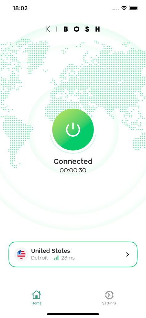 KiboshVPN - KiboshVPN app home screen showing a successful secure connection to a US server.