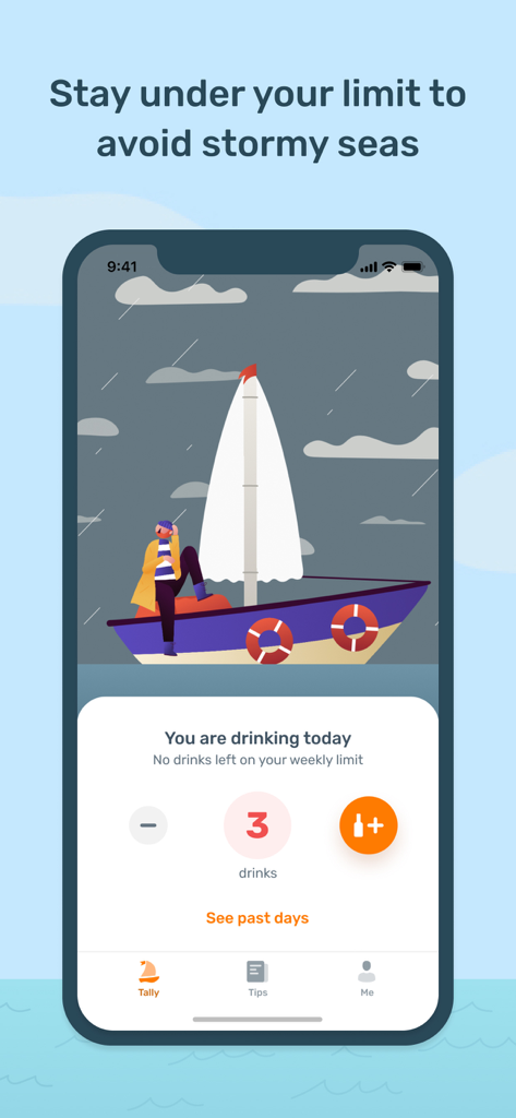 Less - Alcohol Tracker - Less app interface showing a sailboat in stormy weather indicating the user has reached their alcohol limit