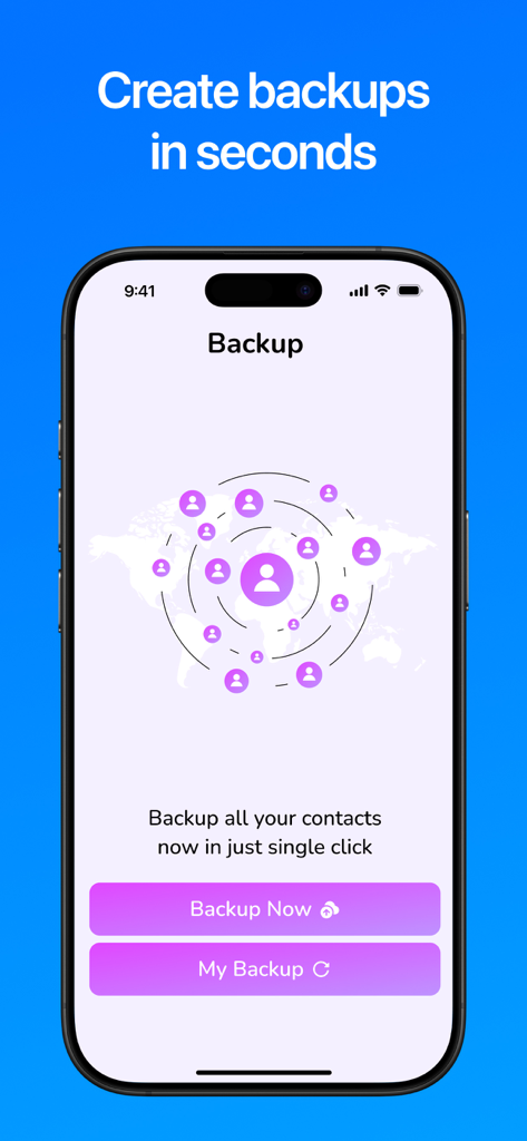 Contacts Backup and Transfer⁺ - Captura de pantalla de la aplicación Contacts Backup and Transfer mostrando la interfaz de copia de seguridad en un toque en un iPhone.