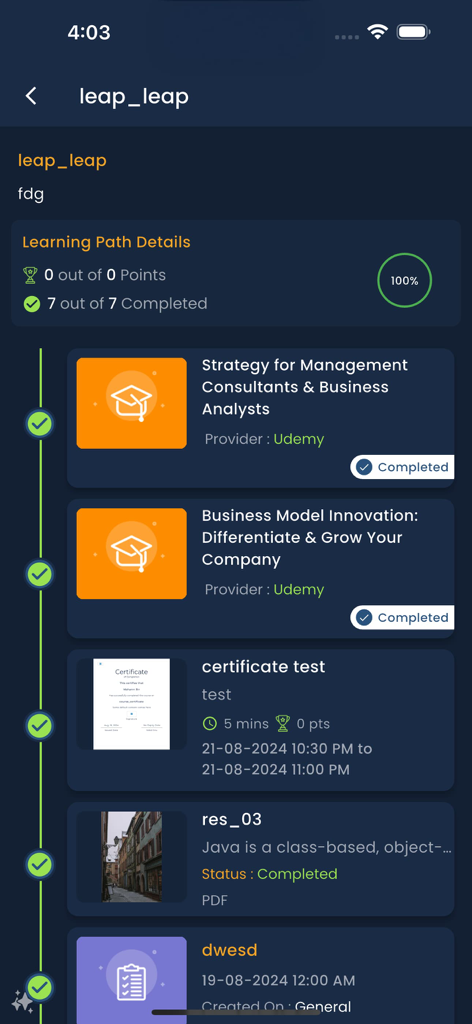 A screenshot of the KREDO app showing a completed learning path with courses on business strategy and innovation