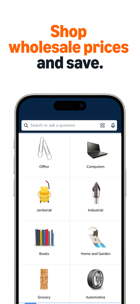 Amazon Business: B2B Shopping - Pantalla de la aplicación Amazon Business mostrando categorías de productos como suministros de oficina y herramientas industriales con promoción de precios mayoristas