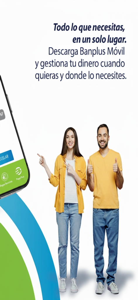Banplus Móvil - A man and a woman smiling and pointing at a smartphone showing the Banplus Movil app interface with banking promotional text in Spanish