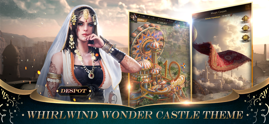 Un'immagine promozionale di Revenge of Sultans con un personaggio femminile e il tema del castello Whirlwind Wonder.