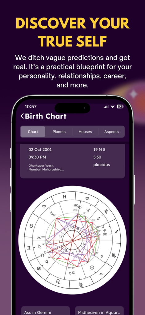 Aplicación móvil Up Astrology mostrando una rueda detallada de carta natal para análisis de personalidad