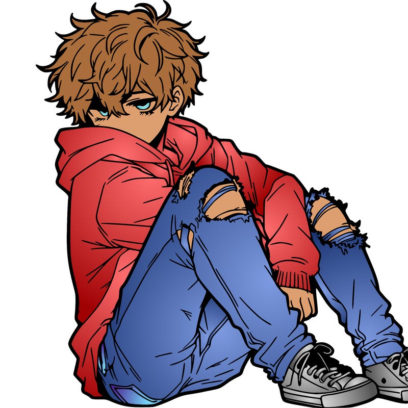 a male hoddie ripped jeans messy hair anime
