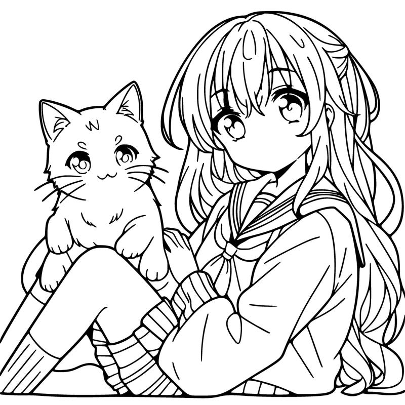 a anime girl with her cat