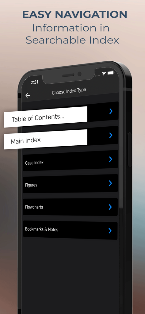 Smartphone screen showing the searchable index and navigation options for the Essentials Nursing Law Ethics app.