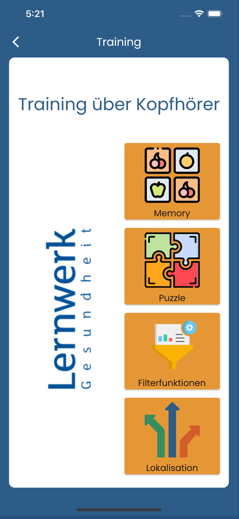 Lernwerk - Lernwerk app training menu showing memory puzzle filter functions and localization modules