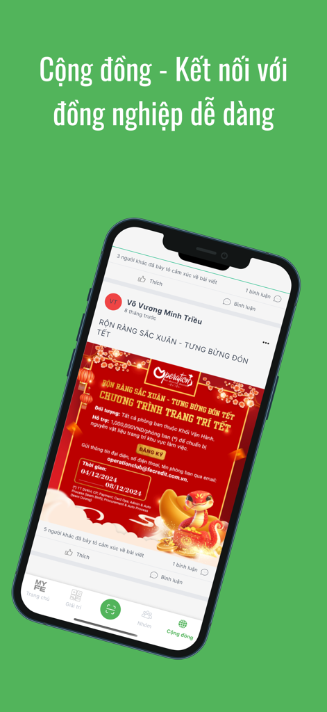 Ein Screenshot der MyFE-App, der einen Social-Community-Feed mit einem Beitrag über eine Veranstaltung zum Mondneujahr anzeigt.