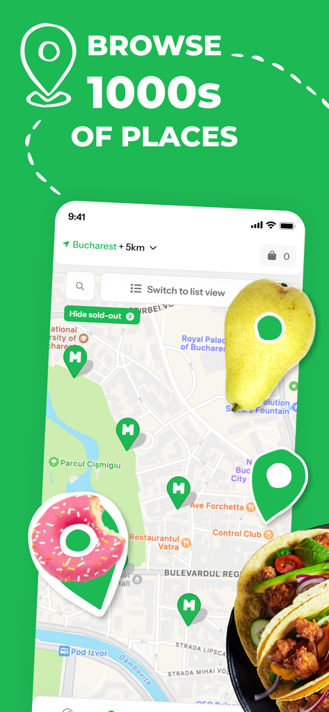Bonapp: Save tasty food! - Mobile app interface of Bonapp showing a map with pins for local restaurants and bakeries to save food surplus.