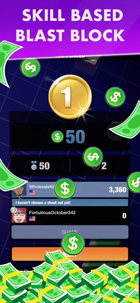 Block Cash: Win Real Money - Leaderboard screen showing a first-place winner and cash prizes in a skill-based block puzzle game.