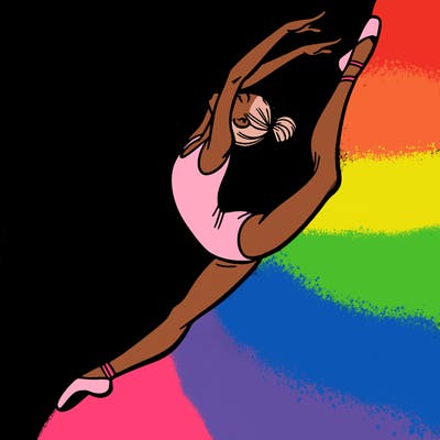 gymnast doing a leap in a leotard with a bent back leg