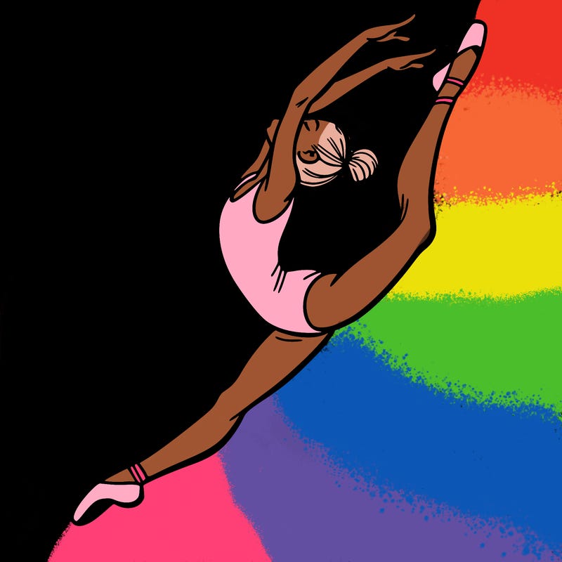 gymnast doing a leap in a leotard with a bent back leg