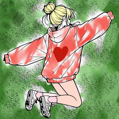 realistic girl jumping with a bun and oversized sweatshirt