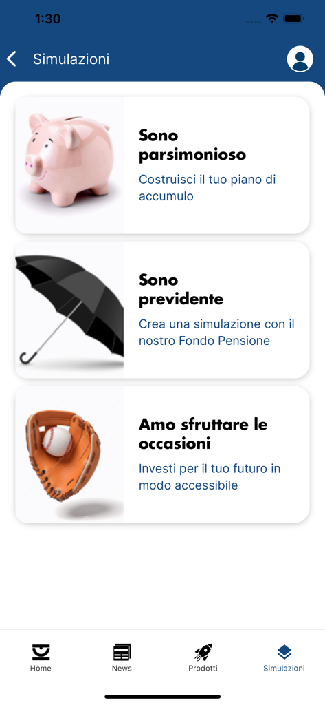 Arca Fondi - さまざまな投資家タイプに合わせた投資プロフィールシミュレーションを表示するArca Fondiアプリ画面