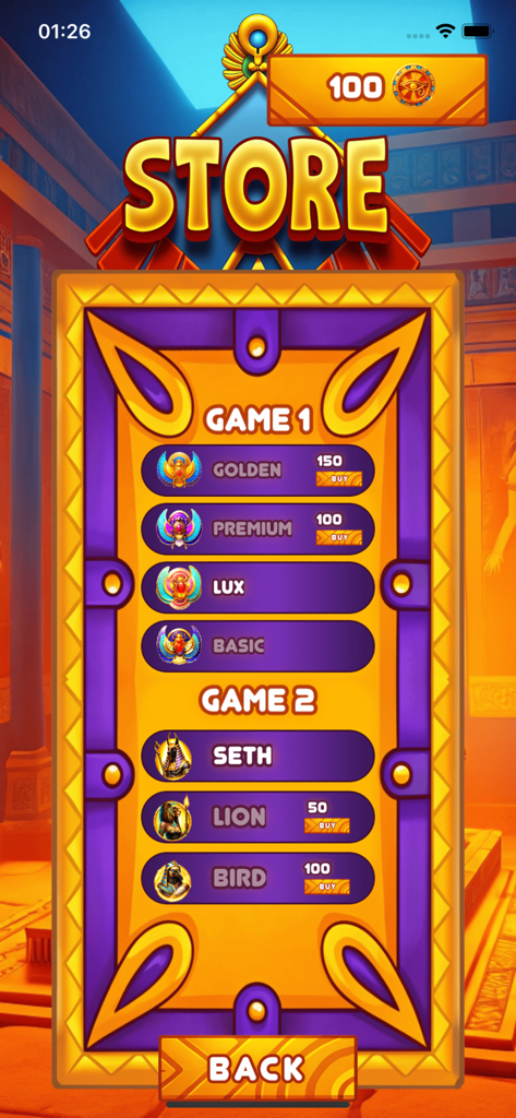 Ancient Spike Assault! - In-game store menu for Ancient Spike Assault featuring Egyptian-themed character skins and game upgrades