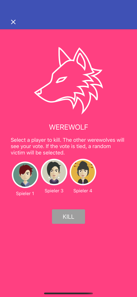 Wolvesville Classicの狼男ロールのゲームインターフェース。プレイヤーのアバターとキルボタンが表示されています。