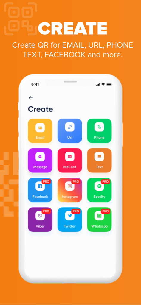 What's App -QR code scanner - Interfaz para crear códigos QR personalizados para redes sociales, sitios web e información de contacto.