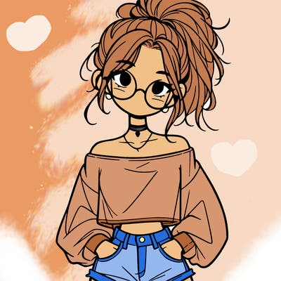 girl with a messy ponytail glasses a baggy crop top and jean shorts