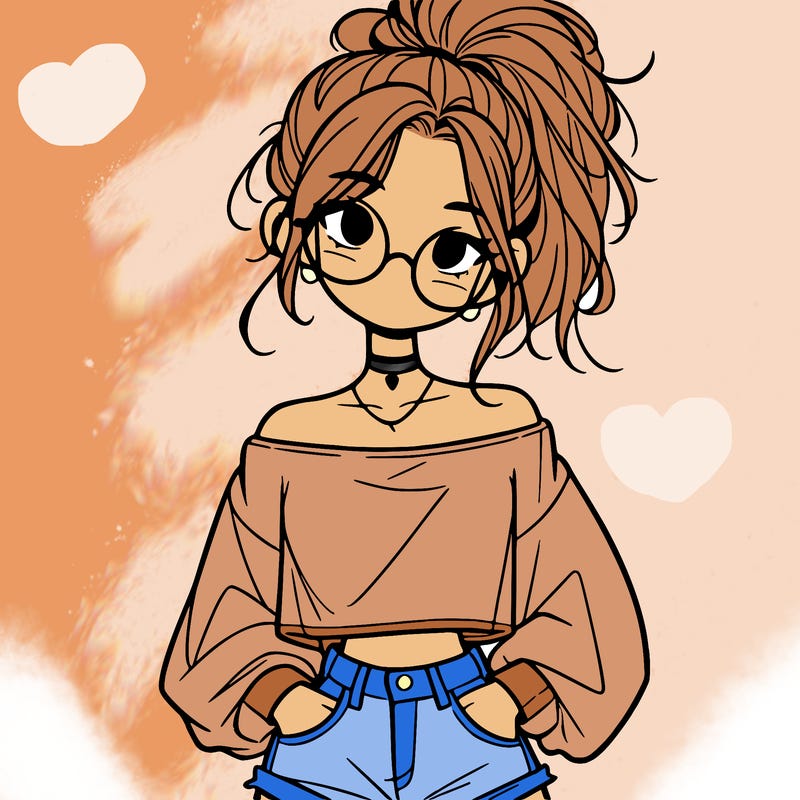 girl with a messy ponytail glasses a baggy crop top and jean shorts