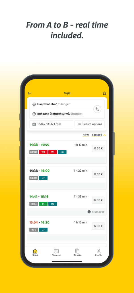 Interfaz de la aplicación bwegt que muestra conexiones de autobús y tren en tiempo real con horarios de salida y precios de boletos